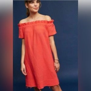 AMADI ANTHROPOLOGIE 100% Cotton Dress Orange Off Shoulder Women’s Size Small EUC